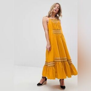 Free People Another Love Smocked Midi Dress small yellow